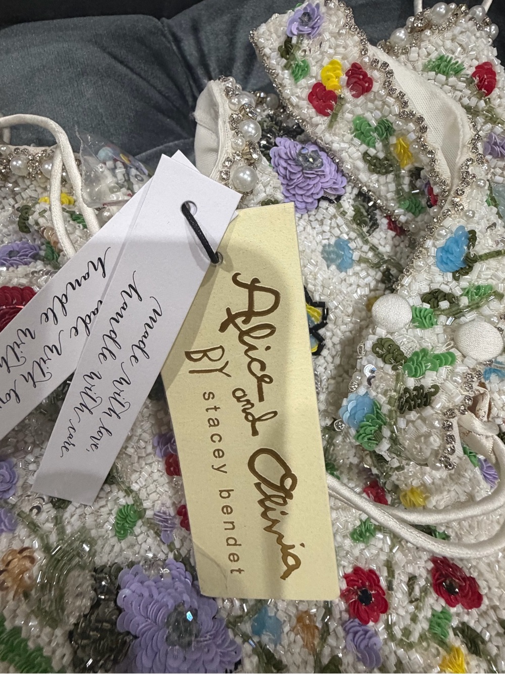 Alice + Olivia Strapless White Beaded Gown with Multicolor Floral Embroidery - Picture 11 of 16